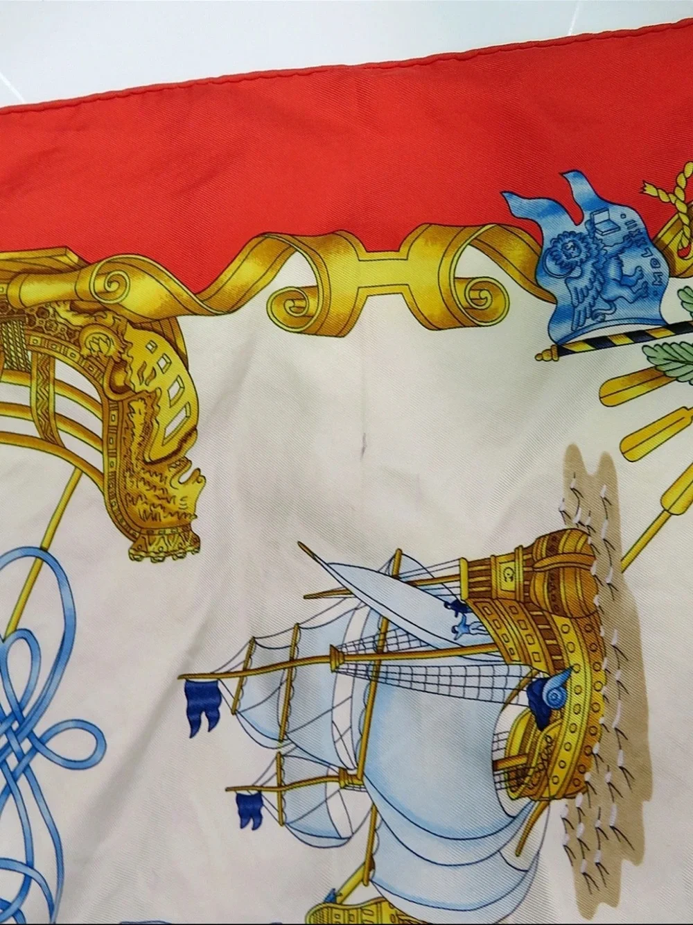 Hermes Silk Scarf Red, Cream, Gold, Blue